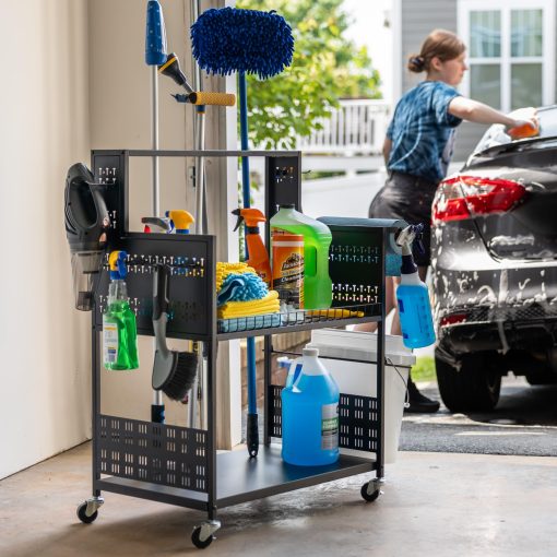 Carrito Grande de Limpieza con Ruedas, Carro de 3 Niveles para Detallado de Autos, Camiones, SUV, Barcos, y RV, Porta Pulidoras Carrito de Limpieza Rodante, 37 in x 17 in x 26 in, Acero Solido Soporta 250 lbs