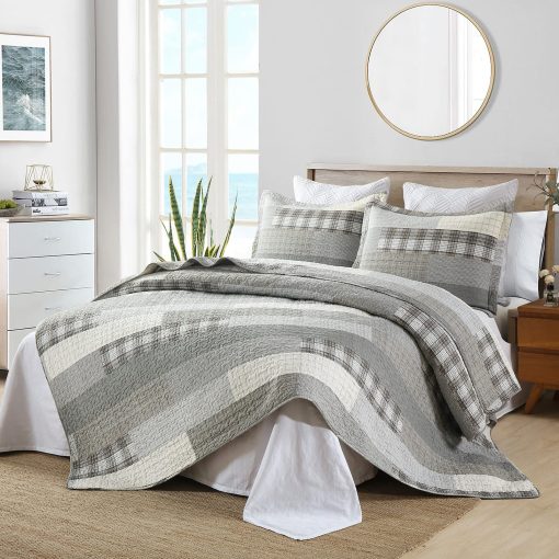 Colcha de Tamaño King Finlonte, Juego de Colcha de Cama King de Algodon, Gris(Azul) Colcha de Cama King Patchwork a Cuadros, Colchas Reversibles Suaves de Tamaño King, 3 Piezas - Imagen 2
