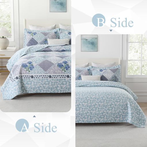 SahSahCasa Colcha de Cama California King 100% Algodon 120"x120", Cubrecama Acolchado Extra Grande, Colcha XL de Cama Ligera, 3 Piezas, Azul/Morado - Imagen 3