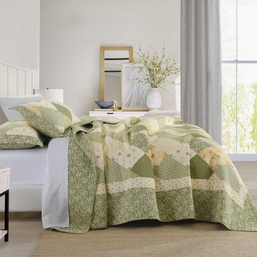 Colcha Edredon de Algodon 100% Oversized 120"x120", Colchas de Cama King Ligeros, Colcha Extra Grande con Diseno Floral, Cubrecamas Acolchados Reversibles, Juego de 3 Piezas, Verde - Imagen 3