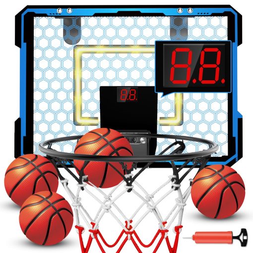 Aro de Baloncesto para Interiores para Ninos, Aro de Baloncesto Mini con Luz LED, Aro de Baloncesto Sobre la Puerta con Marcador y 4 Balones - Regalos de Juguetes de Baloncesto para Ninos y Ninas de 3 a 12 Anos