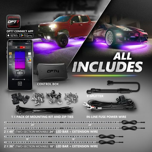 Kit de Luces de Neon OPT7 Aura Pro para Coche con Control de APP Inteligente, 4 PCS Barra de Luz LED de Neon de Acento de Aluminio Rigido Impermeable, Modos Multicolor de Musica Soundsync - Imagen 7