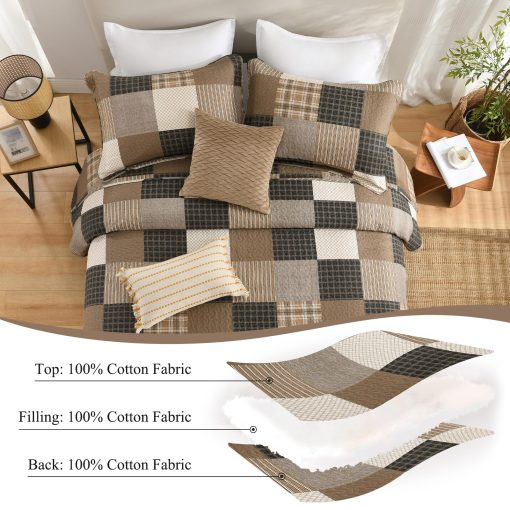 Edredon a cuadros tamano King de SOElinens - Edredon de cabana de patchwork rustico en tonos gris, marron y beige 100% algodon, Set de edredones ligeros para cama Queen, Juego de ropa de cama para todas las estaciones - Imagen 4