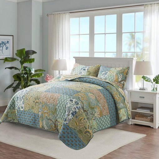 Set de edredon NEWLAKE tamano California King, 100% algodon Patchwork verde, juego de edredones bohemios, colcha reversible ligera y transpirable para todas las estaciones, colcha acolchada suave con 2 fundas de almohada - Imagen 6