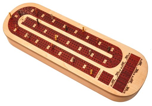 Tablero de Cribbage de Madera de 4 Pistas PALM ROYAL HANDICRAFTS Incrustado en Madera de Bloodwood y Maplewood con clavijas y cartas. Almacenamiento Disponible. Tablero de Cribbage de 4 Jugadores (15 x 5 Pulgadas)
