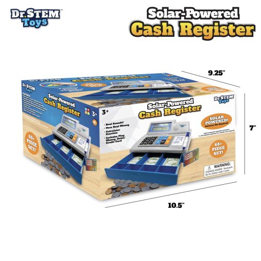 Juguete educativo Dr. STEM Pretend & Play Calculadora registradora con dinero de juego - Funciona con energia solar, set de 67 piezas para aprender habilidades matematicas, caja registradora STEM para ninos (Gris) - Imagen 2