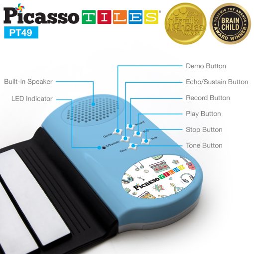 Piano de Teclado Digital Educativo Portatil de 49 Teclas PicassoTiles PT49 con Funcion de Grabacion, 8 Tonos Diferentes, 6 Canciones Educativas de Demostracion y Altavoz Incorporado - Azul - Imagen 5