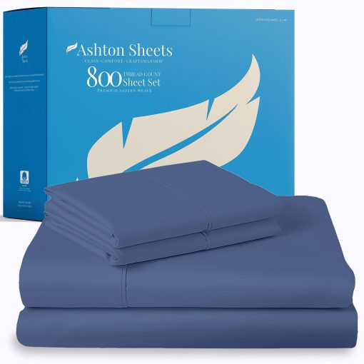 Ashton Sheets 100% Juego de Sabanas de Algodon Egipcio Split King para Cama Ajustable - 800 Hilos 5 PC Sabana Superior Split King para Cama Sleep Number, Sabanas Refrescantes y Suaves, Ajuste de Colchon Hasta 18" - Azul Profundo