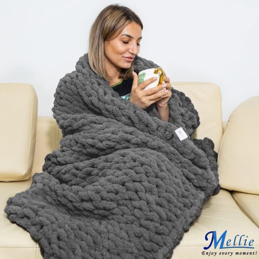 Manta de Lana Gruesa Mellie, Manta de Punto de Cable de Lana Ultra Suave, Manta de Gran Tamano para Sofa Lavable a Maquina - 127x152 cm (Gris Oscuro) - Imagen 9