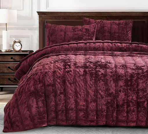 Chezmoi Collection Piers Juego de Colchas de Terciopelo Borgoña King Oversized, Set de 3 Piezas de Ropa de Cama de Terciopelo Desgastado Todo el Año - Reversible de Microfibra Cepillada con Doble Cuadrado de Costura
