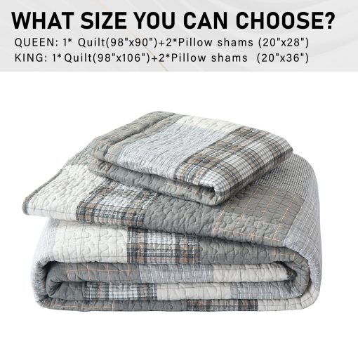 PERHOM Colcha Queen de 100% Algodon, Juego de Colchas Queen en Gris (Gris) con Cuadros a Cuadros, Colcha de Cama Queen de Tamano Grande Reversible y Suave para Todas las Estaciones, 3 Piezas - Imagen 6