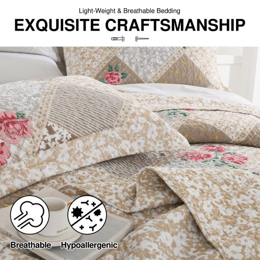 Colcha de Cama Floral Extra Grande King 128"x120" - 100% Algodon Reversible Colcha California King con 2 Fundas de Almohada, Colcha de Cama King Ligera, Marron, Cal King - Imagen 5