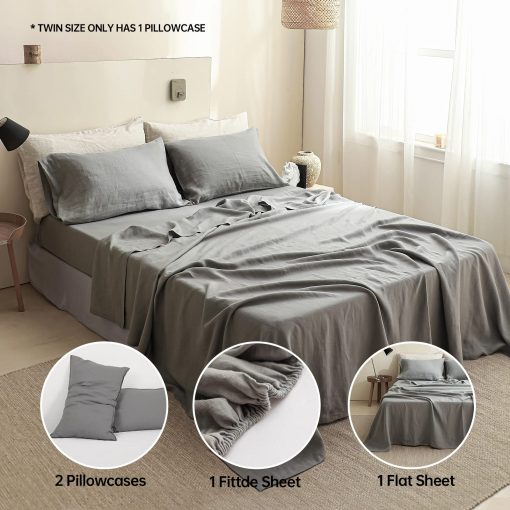 Juego de sabanas 100% lino Simple&Opulence estilo basico, bolsillo profundo, suave juego de sabanas transpirables de lino lavado frances natural 4 piezas - Gris ultimo, Reina - Imagen 5