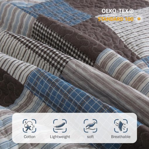 Colcha de cuadros para cama Queen Size Y-PLWOMEN - 100% algodon, colcha de algodon ligera y transpirable con 2 fundas de almohada, juego de ropa de cama, azul marron, Queen (90 * 98 pulgadas) - Imagen 4