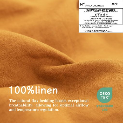 Juego de sabanas de lino EVERLY tamano gemelo, 100% lino puro frances, 3 piezas (1 sabana plana, 1 sabana ajustable, 1 funda de almohada) Adecuado para personas que duermen calientes, Juego de cama natural con bolsillo profundo lavado con piedra - Caramelo - Gemelo - Imagen 4