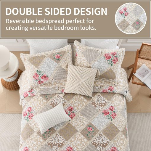 Colcha de cama extragrande KALOOLA 120x102, 100% algodon Cubrecamas floral Tamano queen, Ligera Colcha reversible Comforter Set con fundas de almohada, 3 piezas, marron - Imagen 4