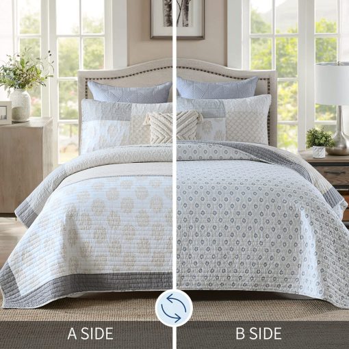 Juego de Colcha KALOOLA Tamano King, Colcha de Verano Acolchada 100% Algodon, Gris Luna Floral Patchwork Juego de Cama King, Colcha Reversible Estilo Granja para Todas las Estaciones, 3 Piezas - Imagen 3