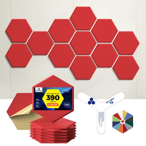 Paneles Acusticos Autoadhesivos Dexmoko [390 lbs/yd? Ultra-Alta Densidad], Panel Absorbente de Sonido de 2nda Generacion, Panel de Sonido de Nivel Profesional, Espuma Insonorizante de Poliester [Tamano L, Rojo]