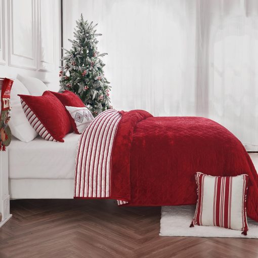 Maravilloso Juego de Edredon Navideño, Set de Edredon de Terciopelo Rojo de Lujo Tamaño Queen, Juego de Edredon de Algodon a Rayas de 5 Piezas Ligero, Cubrecamas Reversible Suave de Estilo Granja con Fundas a Juego para Todas las Estaciones - Imagen 2
