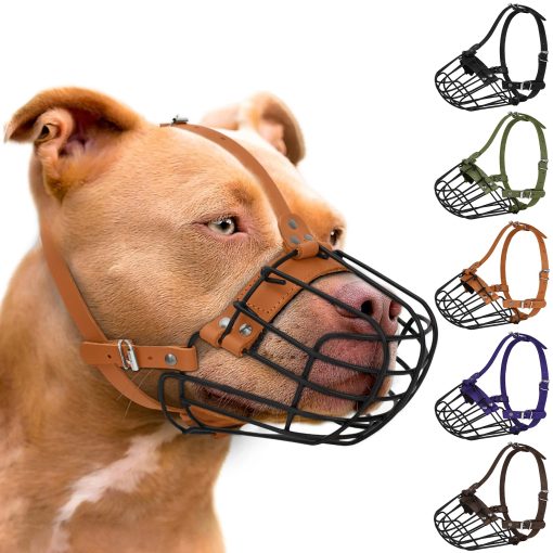 Bozal de metal transpirable para perros Pitbull con cesta para perros grandes Amstaff Staffordshire Terrier Mascara segura de alambre ajustable Correas de cuero duraderas para morder ladrar (Marron)