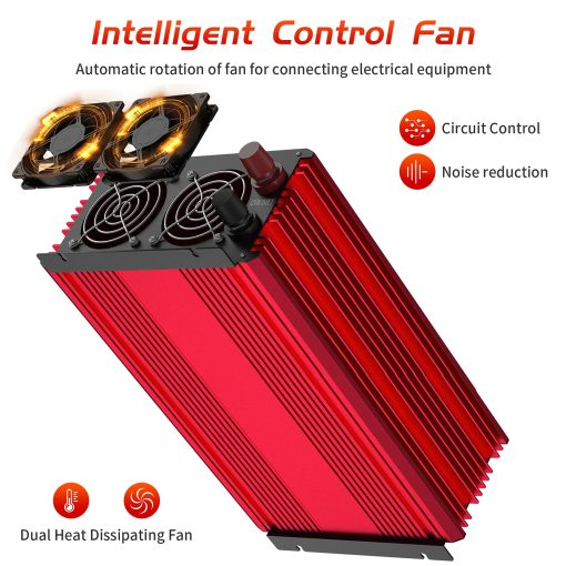 POWTDEAR Power Inverter 2000 Watt, Convertidor de Energia 2000W DC 12V a 110V AC Inversor de Coche con Puertos USB de 2.4A y 3 Tomas de Corriente Alterna Rojo - Imagen 3