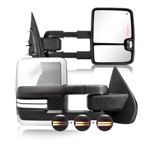 Espejo de remolque Switchback Compatible con Chevy Silverado GMC Sierra 2014-2018 con vidrio calefactado ajustado electricamente Luz de marcha y luz de señal de giro Lampara de respaldo Negro (Pintado de negro)