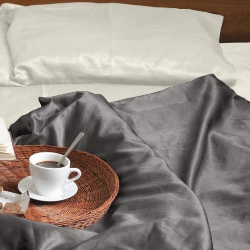 Funda de edredon de seda pura Mulberry Park, 22 momme, Grado 6A - Ultra suave, suave con la piel - Cierre de cremallera oculta y lazos en las esquinas - Tamano completo/queen (92" x 96"), Gris metalico - Imagen 5