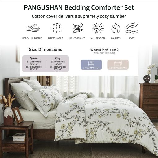Juego de edredon tamano King PANGUSHAN, juego de ropa de cama de felpa floral de algodon para cama King, todas las estaciones, 3 piezas, blanco - Imagen 3