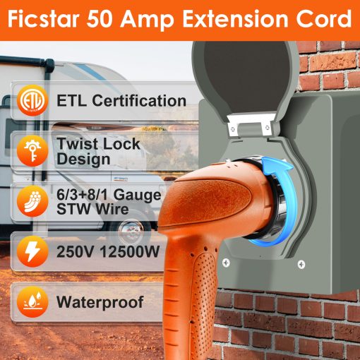 Cable de Extension para RV de 50 Amperios 15 ft, Cable de Alimentacion para RV 6/3+8/1 AWG SJTW con Mango de Agarre Twist Lock, NEMA 14-50P a SS2-50R con Lampara de Polaridad - Imagen 4