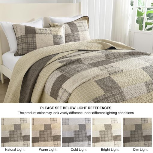 Colcha King DDUOXIN 120" W x 120 L - Edredon King Oversized 100% Algodon con 2 Fundas de Almohada, Colchas Reversibles Cubrecamas Juegos de Cama Livianos, Juego de Cama Beige/Marron, 3 Piezas - Imagen 7