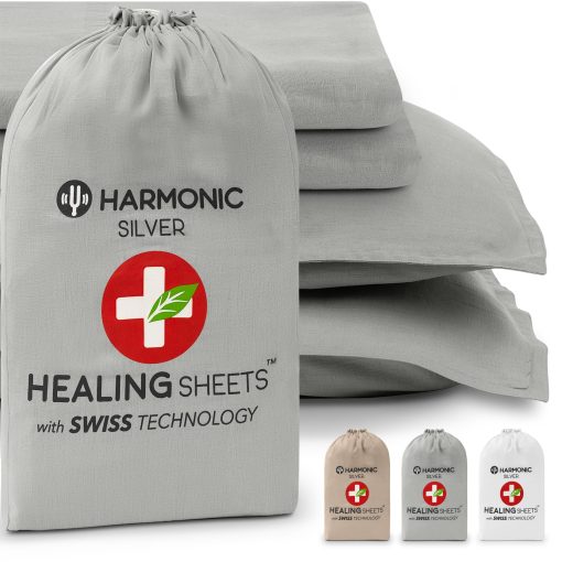 Juego de sabanas HARMONIC SILVER de lino belga con infusion de iones de plata y eucalipto | Lavado a la piedra | Ultra suaves | Refrescantes para quienes duermen en calor | Bolsillo profundo de 18" | Tamano King [Gris]