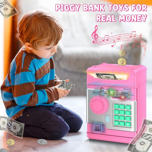 Hucha Automatica Electronica NAFEIV para Ninos y Ninas con Contrasena y Desbloqueo de Huella Dactilar Simulacion, Caja de Dinero Segura para Ninos Juguetes para Ninos de 3 4 5 6 7 8 9 10 Anos (Rosa) - Imagen 3