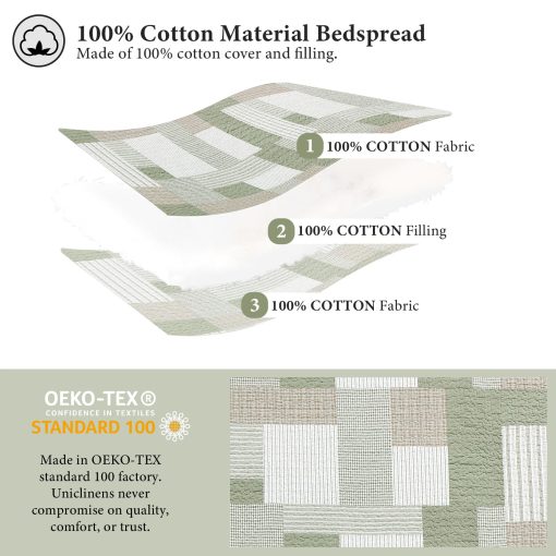 Juego de Colcha a Cuadros Uniclinens para Cama Queen, Colcha Verde Patchwork, Juego de Ropa de Cama 100% Algodon, Edredon Ligero de Estilo Rustico, Juego de 3 Piezas con 2 Fundas de Almohada, Verde/Marron/Beige - Imagen 5