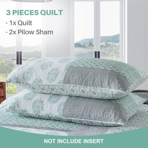 Edredon Queen Size Y-PLWOMEN, 100% algodon, suave y ligero, colcha de cama verde gris blanco, colcha reversible de patchwork, juego de ropa de cama para todas las estaciones, 3 piezas - Imagen 5