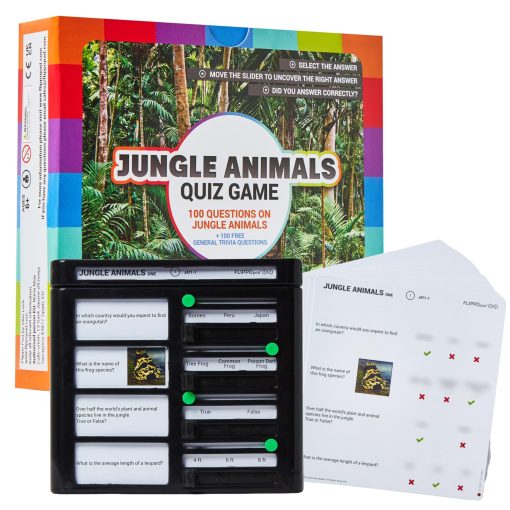 Flippo pad Quiz Device Game - Juego de Trivia sobre Animales de la Jungla - 25 Tarjetas - 200 Preguntas - Educativo y Divertido - Juegos de Viaje Ideales para Ninos - Juegos de Trivia Familiar - Paquete Portatil - Edad 6+