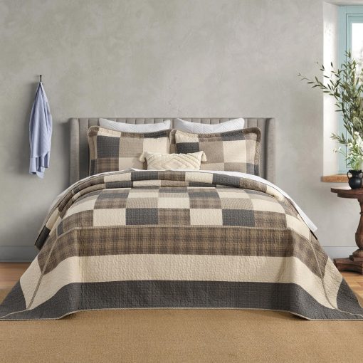 SahSahCasa 120"x102" Juego de Colcha de Cama Queen 100% Algodon Oversized, Colcha Queen Extra Grande, Colcha Ligera para Cama, 3 piezas, Carbon/Beige/Marron - Imagen 2