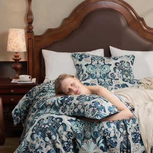Juego de Edredon Queen Finlonte Damask, Edredon de Algodon 100%, Juego de Cama de Edredon Floral Paisley, Edredon de Lujo etnico Tamano Queen, Edredon Acolchado Suave Ligero Todo el Ano, Azul Marino/Taupe - Imagen 2