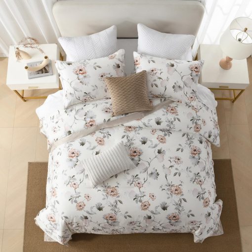 Juego de Edredon Queen DDUOXIN - Juego de Edredon de 3 Piezas de Algodon de Fibra Larga con Estampado Floral, Edredon Suave en Crema Verdoso Grisaceo para Cama Queen con 2 Fundas de Almohada - Imagen 3