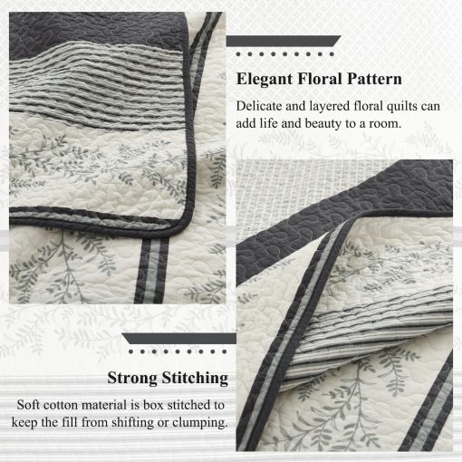 Edredon a rayas tamano Queen de SOElinens - Juego de edredon de algodon 100% con fundas a juego, Diseno de Vid de epoca Rustico para Ropa de Cama de Granja, 3 Piezas Colcha Ligera para Decoracion del Hogar en Todas las Estaciones, Gris Oscuro - Imagen 5