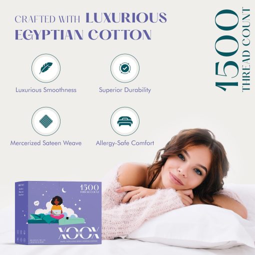 Juego de sabanas de algodon egipcio XOOX Linen 100% tamano queen - juego de sabanas de 4 piezas tamano queen de 1500 hilos de algodon egipcio, sabana de saten de lujo tamano queen, sabanas de alto conteo de hilos, bolsillo profundo de 19" - Verde Salvia - Imagen 2