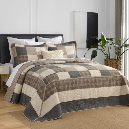Colcha de cama extragrande FineStichery 120" x 120", 100% algodon Colcha ligera de cama de cobertor de cama de campo, juego de cobertor de cama de 3 piezas, carbon/beige/marron