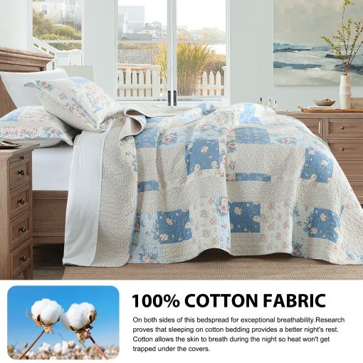 Colcha King DDUOXIN (120"x120") - 100% Algodon, Colcha Reversible Acolchada con 2 Fundas de Almohada, Juegos de Colchas Ligeras con Diseño Floral Campestre, Azul, King/Cal King - Imagen 3
