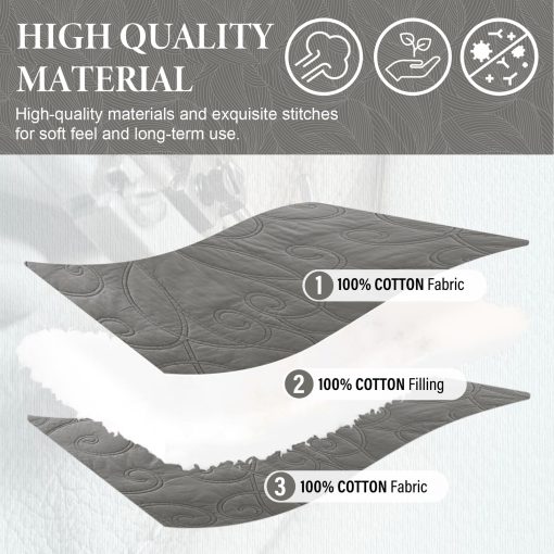 SahSahCasa 100% Algodon 120"x102" Colcha de Cama Queen Extra Grande, Edredon, Colcha Cubrecama Queen XL, Conforter Ligero, 3 Piezas, Gris - Imagen 4
