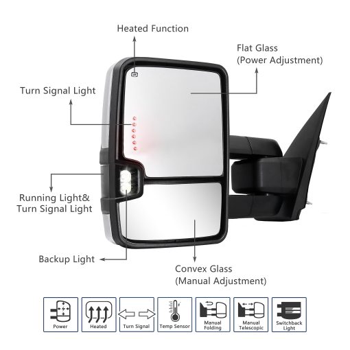 Espejo de remolque Switchback Compatible con Chevy Silverado GMC Sierra 2014-2018 con vidrio calefactado ajustado electricamente Luz de marcha y luz de señal de giro Lampara de respaldo Negro (Pintado de negro) - Imagen 3
