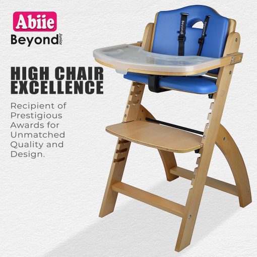 Silla Alta de Madera Convertible Abiie Beyond Junior para Bebes y Ninos Pequenos. Silla Alta Ajustable 3 en 1 con Bandeja Extraible, Facil de Limpiar, Portatil. De 6 Meses a 250 Lb. Madera Natural/Cojin Azul - Imagen 6