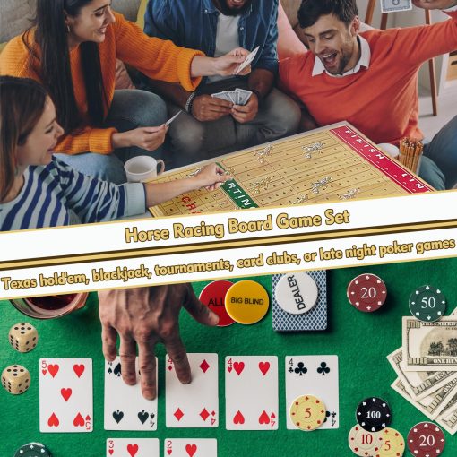 Juego de Mesa de Carreras de Caballos Grande 24" y Juegos de Casino Texas Holdem Blackjack con 14 Caballos de Metal, 100 Fichas, 2 Barajas de Cartas, Boton de Dealer y Ciego, y 5 Dados para Fiestas y Juegos de Azar - Imagen 6