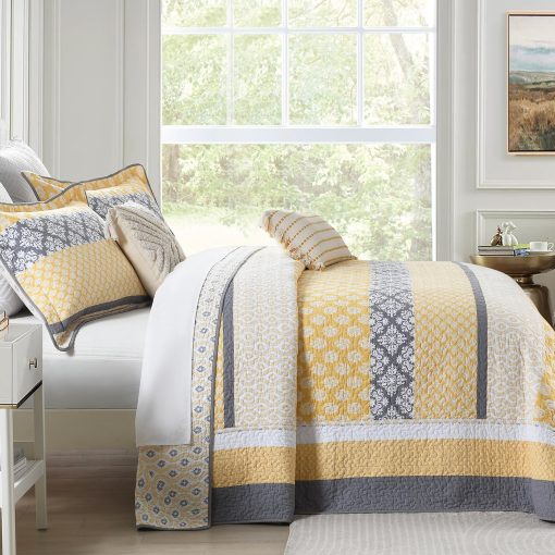 Colcha extragrande reversible de 100% algodon de 128"?120" para cama California King, juego de ropa de cama cubrecamas acolchados ligeros de estilo floral de granja, amarillo/gris - Imagen 3