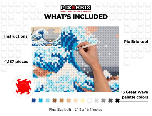 Rompecabezas de arte pixelado Pix Brix - El Gran Ola de Kanagawa Rompecabezas de pixeles, 4,187 piezas - Ladrillos coloridos patentados para recrear esta famosa impresion, crea construcciones sin agua, hierro o pegamento - Imagen 2