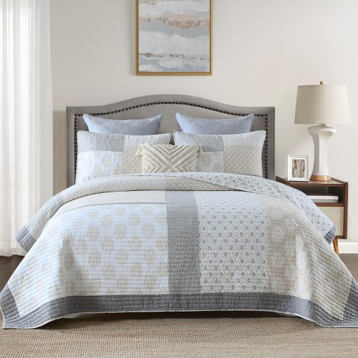 Juego de Colcha KALOOLA Tamano King, Colcha de Verano Acolchada 100% Algodon, Gris Luna Floral Patchwork Juego de Cama King, Colcha Reversible Estilo Granja para Todas las Estaciones, 3 Piezas