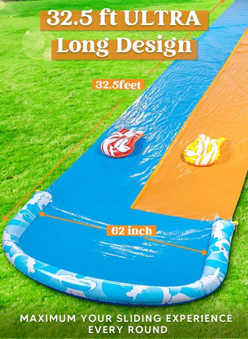 Deslizadero de agua extra largo de 32.5 pies y 2 tablas inflables, Resbaladilla de agua de cesped resistente de doble deslizamiento con rociador para ninos y adultos, Juguete acuatico de verano para exteriores divertido en el patio trasero - Imagen 2